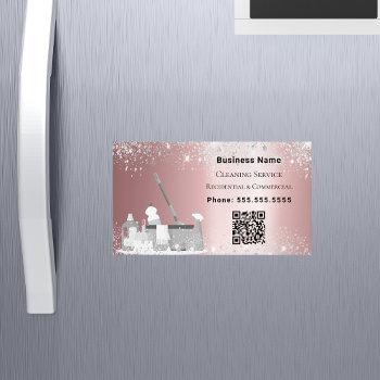 Small Cleaning Service Pink Silver Glitter Dust Qr Code Business Card Magnet Front View