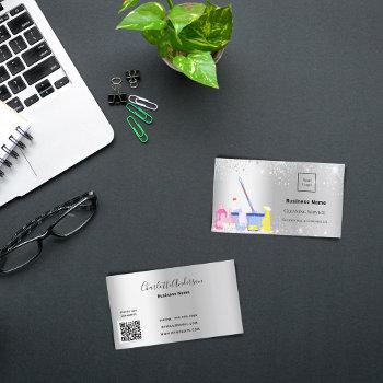 cleaning service silver glitter dust logo qr code business card