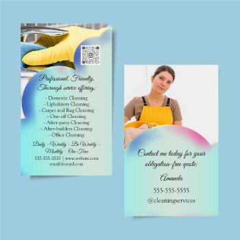 cleaning services house keeping qrcode photo blue business card