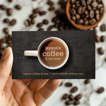 coffee cup on black wood coffee shop business card