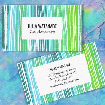 Small Colorful Blue Green Minimalist Stripes Handmade   Business Card Front View