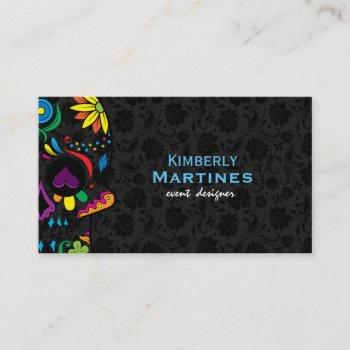 colorful floral sugar skull & black damasks 2 business card