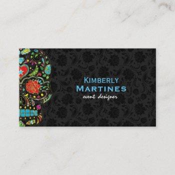 colorful floral sugar skull & black damasks business card