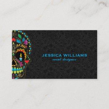 Small Colorful Sugar Skull & Black Paisley Business Card Front View