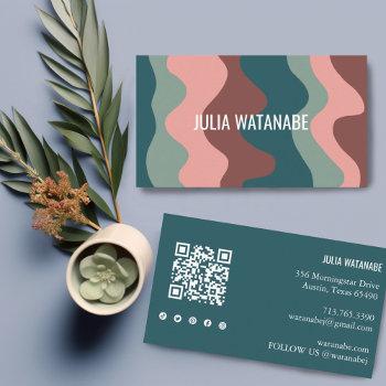 colorful waves stripes qr code social media chic  business card