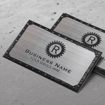 Small Construction Metal Gear Monogram Modern Business Card Front View