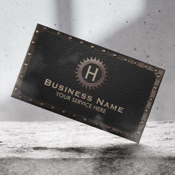 construction monogram metal framed dark leather business card