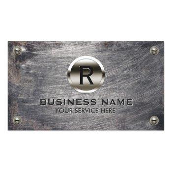 Small Construction Monogram Steel Logo Grunge Metal Business Card Front View