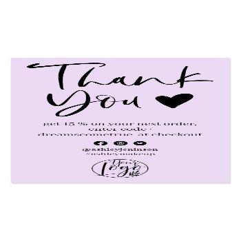 Small Cool Script Lavender Logo Order Thank You Business Card Front View