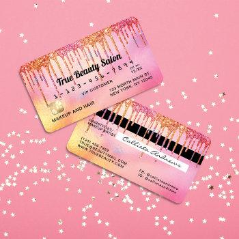 cool unicorn pink holographic glitter drips credit business card