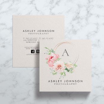 Small Copper Monogram Watercolor Pink Floral Square Square Business Card Front View