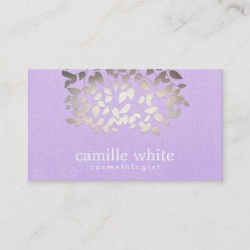 cosmetology faux foil leaves lavender linen look business card
