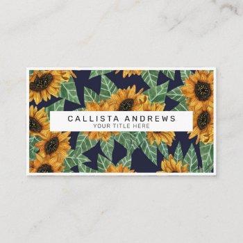 country cute yellow navy sunflowers watercolor business card