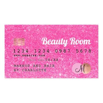Small Credit Card Neon Pink Glitter Beauty Monogram Front View
