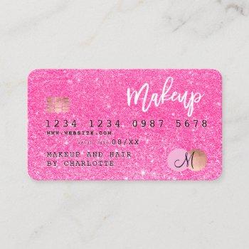 credit card neon pink glitter makeup hair monogram