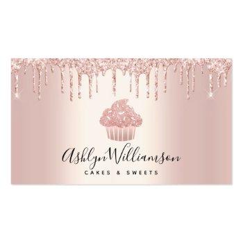 Small Cupcake Bakery Pastry Chef Glitter Drips Rose Gold Business Card Front View