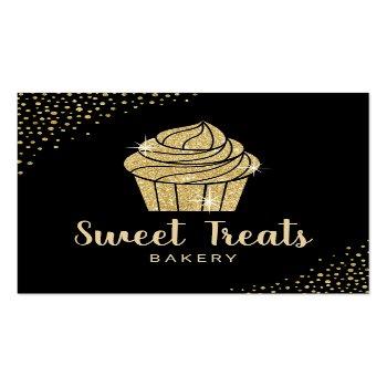 Small Cupcake Bakery Pastry Chef Modern Black & Gold Square Business Card Front View