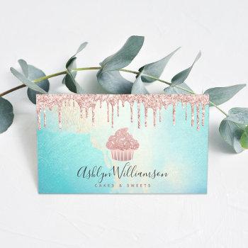 cupcake bakery rose gold glitter drips watercolor business card