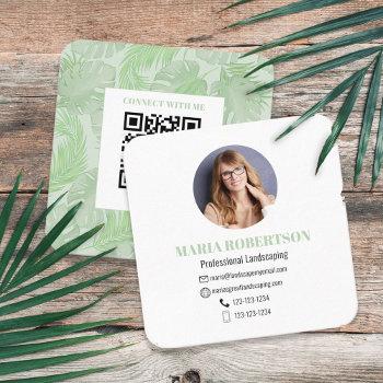 custom photo social media qr code palm leaves square business card