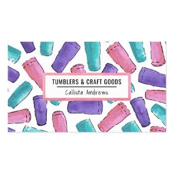 Small Custom Pink Purple Teal Tumbler Watercolor Crafter Business Card Front View