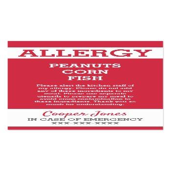 Small Custom Red Allergy Alert Restaurant Emergency Calling Card Front View