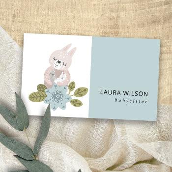 cute blush blue scandi floral bear hug baby nanny business card
