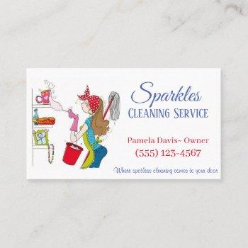 cute cartoon dusting maid house cleaning services business card