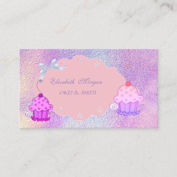 cute girly modern, holographic cupcake bakery business card