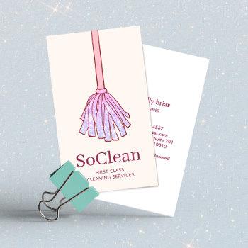 cute house cleaning maid services pink glitter mop business card