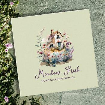 Small Cute House Cleaning Service Floral Square Business Card Front View