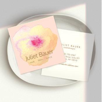 cute pink gold watercolor flower art salon spa square business card