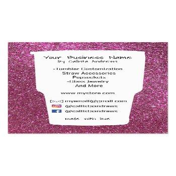 Small Cute Pink Teal Floral Glitter Tumbler Crafter Busi Business Card Back View