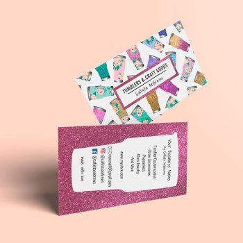 cute pink teal floral glitter tumbler crafter business card