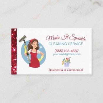 cute red glitter cartoon maid cleaning services business card