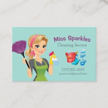 cute teal cartoon maid house cleaning services business card