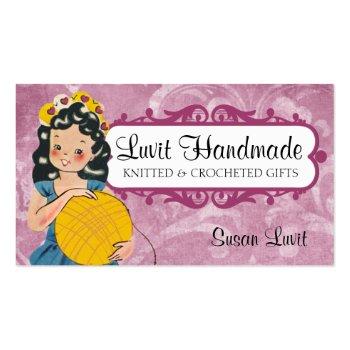 Small Cute Vintage Girl Knitting Crochet Ball Of Yarn Business Card Front View