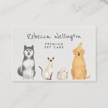 cute watercolor cat dog bunny pet sitter walker business card