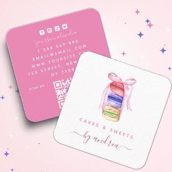 cute watercolor macarons & pink ribbon qr code squ square business card