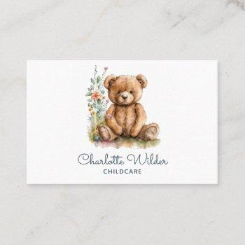 cute watercolor teddy bear childcare business card
