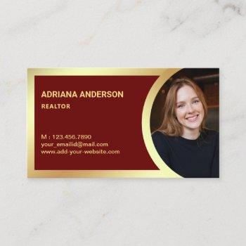 dark red gold foil real estate photo realtor business card
