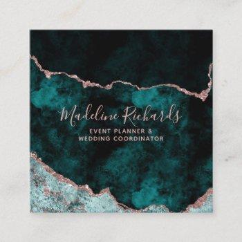 dark teal & rose gold watercolor marble agate square business card
