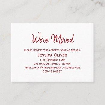 deep red on white "we've moved" card