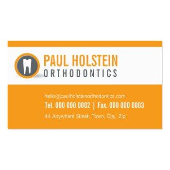 Small Dentist Business Card :: Modern Tooth Logo Orange Front View