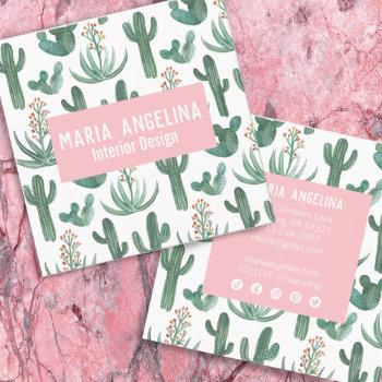 desert cactus and succulents watercolor design  square business card
