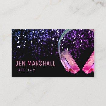 Small Dj Purple Pink Music Headphones Business Card Front View