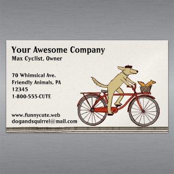 dog riding a bicycle with squirrel | cute animals magnetic business card