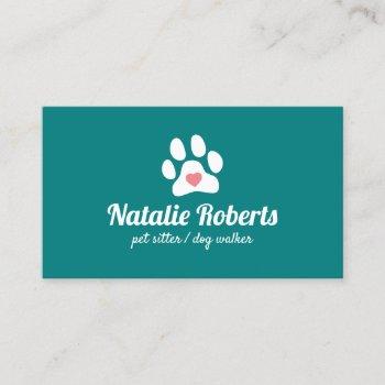 dog walker pet sitter cute paw heart teal business card