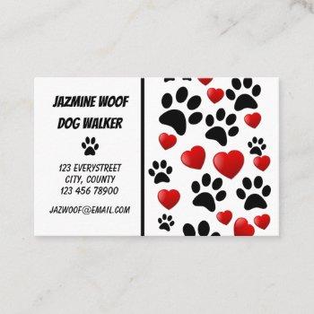 dog walker pet sitter fun paw and hearts  business card