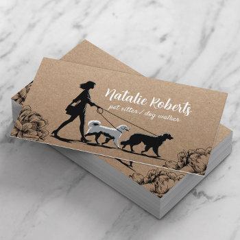 dog walker pet sitter girl & dogs rustic kraft business card