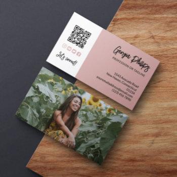 dusty pink qr code photo social media icons business card